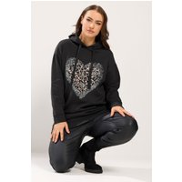 Yours Yours Damen Paillettenbesetzter Hoodie in Schwarz mit Leoprint und Herzmotiv in Größe 48 | Baumwolle/Polyester
