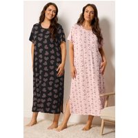 Yours Yours Damen Midaxi-Nachthemden in Rosa mit Schleifen und Herzprint 2er Pack in Größe 62-64 | Polyester/Elasthan