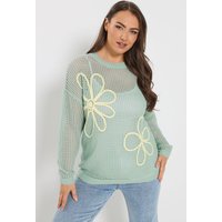 Yours Damen Yours – Strickpullover in Blau mit Blumendetail in Größe 54-56 | Acryl