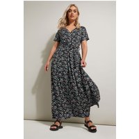 Yours Yours Damen Wickelkleid in Schwarz mit Blümchenmuster in Größe 48 | Elasthan/Viskose