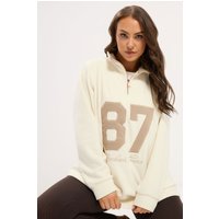 Yours Yours Damen Fleece in Elfenbeinweiß mit „87“Print und Halbem Reißverschluss in Größe 54-56 | Polyester