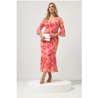 Yours London Yours London Damen Gestuftes Kleid in Rosa mit Blumenmuster aus Netzstoff in Größe 58-60 | Polyester/Elasthan