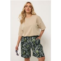 Yours Damen Yours – Strukturierte Shorts in Schwarz mit Blätterprint in Größe 46 | Polyester/Elasthan