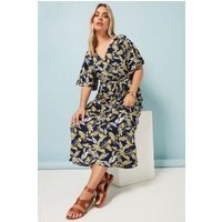 Yours Yours Damen Gewickeltes Midaxi-Kleid in Marineblau mit Blätterprint in Größe 46 | Polyester/Elasthan