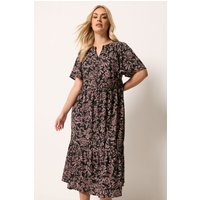 Yours Yours Damen Kleid in Schwarz mit Abstraktem Blumenmuster und Knopfleiste in Größe 48 | Viskose