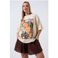 Limited Collection Limited Collection Damen T-Shirt in Naturbraun mit Perlenverziertem Blumenmuster in Größe 50-52 | Baumwolle