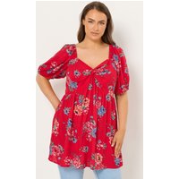 Yours Yours Damen Bluse in Rot mit Blumenmuster und Twistfront in Größe 54-56 | Viskose