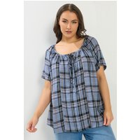 Yours Yours Damen Bluse in Blau mit Karos und Biesen in Größe 46 | Viskose