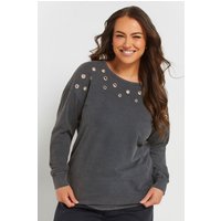 Yours Yours Damen Sweatshirt in Grau mit Acidwaschung und Ösen in Größe 48 | Baumwolle