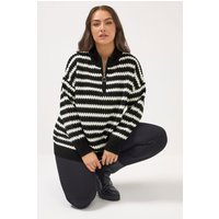 Yours Yours Damen Pullover in Schwarz mit Muschelsaum, Streifen und Kurzem Zip in Größe 54-56 | Acryl