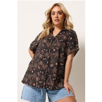 Yours Yours Damen Strukturiertes Schwarzes Hemd mit Palmen und Muschelprint im Boxyfit in Größe 58-60 | Polyester/Elasthan