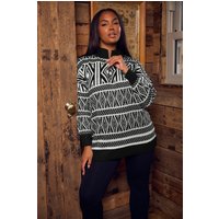 Yours Yours Damen Pullover in Schwarz mit Fairislemuster und Kurzem Zip in Größe 46-48 | Acryl