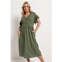 Yours Damen Yours – Kleid in Khaki mit Blumenmuster und Gerüschten Ärmeln in Größe 58-60 | Baumwolle