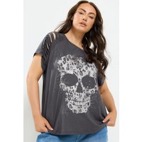 Yours Yours Damen Lasergeschnittenes T-Shirt in Grau mit Totenkopfmotiv in Größe 62-64 | Baumwolle/Polyester