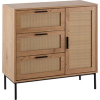 Kommode in Eiche Dekor 80 cm Sideboard mit 3 Schubladen & 1 Tür aus Wiener Rattan Geflecht Design Highboard – Schubladenkommode | Farbe: Braun Kommode in Eiche Dekor 80 cm Sideboard mit 3 Schubladen & 1 Tür aus Wiener Rattan Geflecht Design Highboard – Schubladenkommode | Farbe: Braun