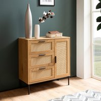 Kommode in Eiche Dekor 80 cm Sideboard mit 3 Schubladen & 1 Tür aus Wiener Rattan Geflecht Design Highboard - Schubladenkommode | Farbe: Braun Kommode in Eiche Dekor 80 cm Sideboard mit 3 Schubladen & 1 Tür aus Wiener Rattan Geflecht Design Highboard - Schubladenkommode | Farbe: Braun