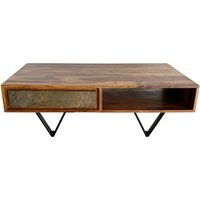 FineBuy Couchtisch rechteckig Sheesham Massivholz 115 cm, Wohnzimmertisch mit 2 Schubladen & Ablagefach, Steinoptik Front, Metallgestell Schwarz | Farbe: Braun FineBuy Couchtisch rechteckig Sheesham Massivholz 115 cm, Wohnzimmertisch mit 2 Schubladen & Ablagefach, Steinoptik Front, Metallgestell Schwarz | Farbe: Braun