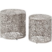 FineBuy Satztisch Aluminium 2er Set rund silber - Beistelltisch mit Blattmuster - Dekotisch Couchtisch Alu Design - Metalltisch modern - Wohnzimmertisch Set Handmade