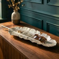 FineBuy Dekoschale Blatt Aluminium Silber Schale - Design Tischdeko Metall Wohnzimmer - Alu Wohnaccessoire Modern - Metallschale Dekoration - Aluschale lang Handmade
