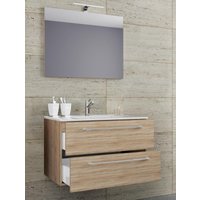 VCM 3-tlg. Waschplatz 80cm 2 Schubfächer | Mit Spiegel Sonoma-Eiche