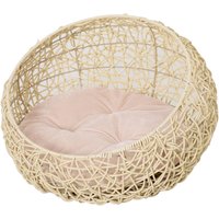 PawHut Katzenbett aus Rattan mit Kissen Katzenhöhle Hundehütte Beige Ø56 x 35 cm