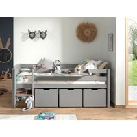 VIPACK Spielbett 90x200 cm, mit Leiter, Regal, Rolllattenrost, 3 Schubkästen, Kiefer, MDF grau lackiert