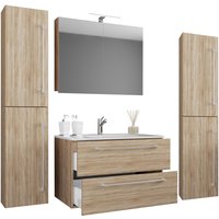 VCM 5-tlg. Waschplatz "Badinos 2 Schubfächer" 60 cm | Mit Spiegelschrank + Hochschränke Sonoma-Eiche