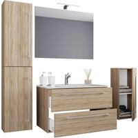 VCM 5-tlg. Waschplatz "Badinos 2 Schubfächer" 80 cm | Mit Spiegel und Midi- / Hochschrank Sonoma-Eiche