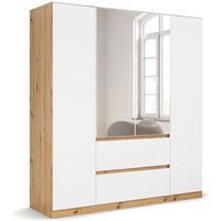 Rauch Möbel Nidda Drehtürenschrank, 4-türig, mit Spiegel und 2 Schubkästen, Alpinweiß/Eiche Artisan