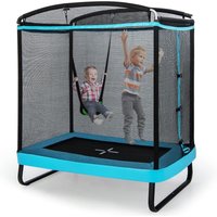 Costway 2 in 1 Kindertrampolin mit Schaukel, Gartentrampolin rechteckig mit Sicherheitsnetz
