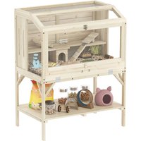 PawHut Hamsterkäfig, 2 Ebenen, Kleintierkäfig mit Aufbewahrungsfach, Zubehör, Naturholz