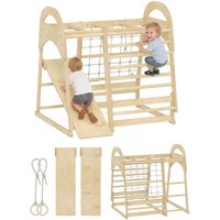 AIYAPLAY 6-in-1 Montessori Klettergerüst Indoor Holz Spielplatz mit Rutsche Turnringen