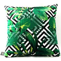 Casa Padrino Luxus Kissen Miami Palm Leaves Schwarz / WeiØ / Grün 45 x 45 cm - Feinster Samtstoff - Deko Wohnzimmer Kissen