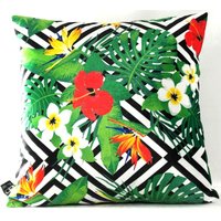 Casa Padrino Luxus Kissen Miami Flowers Schwarz / WeiØ / Mehrfarbig 45 x 45 cm - Feinster Samtstoff - Wohnzimmer Deko Zierkissen