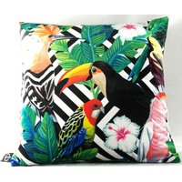 Casa Padrino Luxus Kissen Miami Parrots & Flowers Schwarz / WeiØ / Mehrfarbig 45 x 45 cm - Feinster Samtstoff - Wohnzimmer Deko Zierkissen