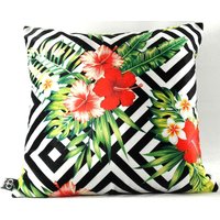 Casa Padrino Luxus Deko Kissen Miami Flowers & Leaves Schwarz / WeiØ / Mehrfarbig 45 x 45 cm - Feinster Samtstoff - Luxus Qualität