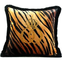Harald Glööckler Luxus Deko Kissen Pompöös by Casa Padrino Krone Deluxe Tiger mit Strass Steinen Schwarz / Orange / Gold - Feinster Samtstoff - Glööckler Kissen