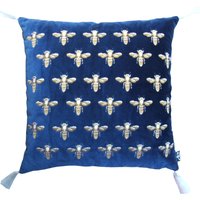 Casa Padrino Luxus Deko Kissen mit Troddeln Bees Blau / Gold / WeiØ 45 x 45 cm - Feinster Samtstoff - Luxus Deko Accessoires