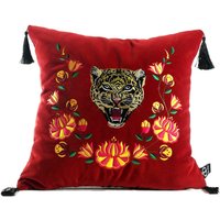 Casa Padrino Luxus Deko Kissen mit Troddeln Tiger Rot / Mehrfarbig 45 x 45 cm - Feinster Samtstoff - Luxus Qualität