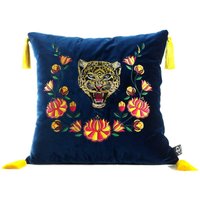 Casa Padrino Luxus Deko Kissen mit Troddeln Tiger Blau / Mehrfarbig 45 x 45 cm - Feinster Samtstoff - Luxus Qualität