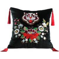 Casa Padrino Luxus Deko Kissen mit Troddeln Cat Schwarz / Mehrfarbig 45 x 45 cm - Feinster Samtstoff - Wohnzimmer Kissen