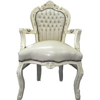 Barock Esszimmerstuhl Creme / Creme Lederoptik mit Armlehnen