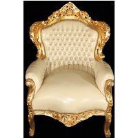 Casa Padrino Barock Sessel King Creme/Gold Lederoptik Bling Bling