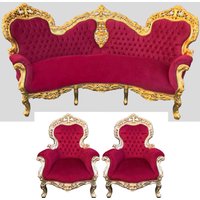 Barock Sofa Garnitur Bordeaux Muster / Gold + 2 Sessel - Wohnzimmer Barock