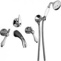 Luxus Bad Zubehör - Jugendstil Retro Unterputz Wannenbatterie mit Schlauch Handbrause und Wandhalter - Armatur für Badewanne - Chrom - Serie Milano - Made in Italy