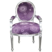 Casa Padrino Luxus Barock Salon Stuhl Lila Blumen Muster / Silber Mod2 Rund Möbel