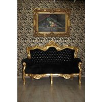 Casa Padrino Barock 2er Sofa Master Schwarz / Gold mit Bling Bling Glitzersteinen