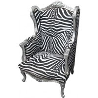 Casa Padrino Barock Lounge Thron Sessel Zebra / Silber - Ohren Sessel - Ohrensessel Tron Stuhl