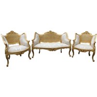 Casa Padrino Barock Salon Sitzbank + 2 Sessel Creme/ Gold - Cocktailset- Salon Set
