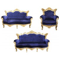 Casa Padrino Barock Wohnzimmer Set Royal Blau /Gold - 3er Sofa+2er Sofa + 1 Sessel